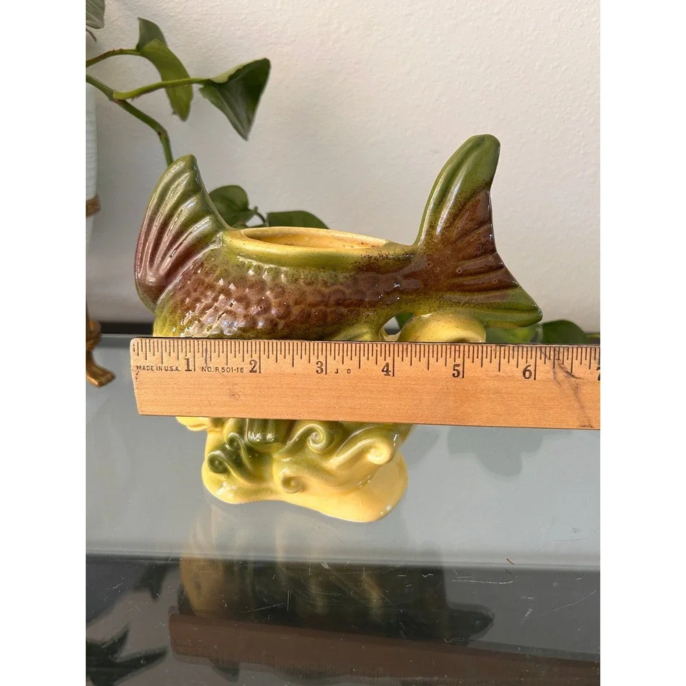 MCM Ceramic Fish Planter Yellow Green Drip Glaze Mid Century Figural Vase